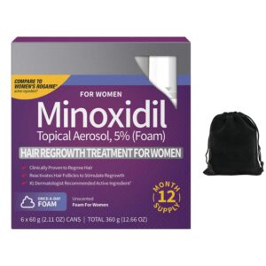 Kirkland Signature 5% Minoxidil Foam for Women, Hair Loss Regrowth Treatment, 12-Month Supply, Unscented, Easy Application, 6 Cans, Includes Storage Pouch, Clear