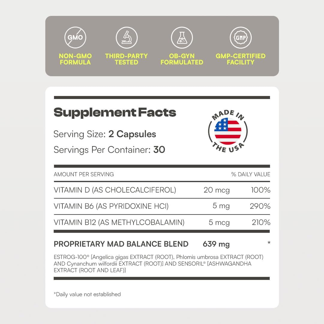 Mad Balance: Menopause Supplements for Women, Complete Menopause Relief Clinically Proven Ingredients Provide: Hot Flash Relief, Night Sweats Relief, HRT Supplement, Perimenopause Support. 60 Ct Meno - Image 7