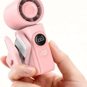 Portable Clip-On Mini Fan, Hands-Free, Turbo Personal Handheld Fans Rechargeable w/ 4 Wind & LED Display, Pocket Size Summer Cooling Essentials for Travel/Eye Lash/Beach/Concert, Gifts for Women(Pink)