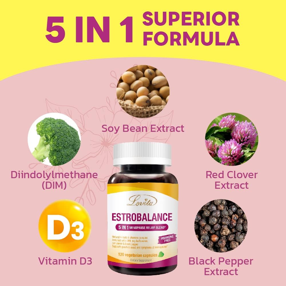 LOVITA Menopause Supplements for Women, DIM Complex with Soy Isoflavones, Red Clover, Vitamin D3 & Black Pepper for Menopause & Hormone Balance Support, 120 Vegetarian Capsules - Image 2