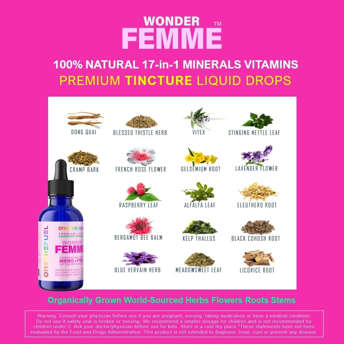 Wonder Femme Plant-Based Hormone Balance Menopause Hot Flashes Relief Support 100% Natural 17 Herbal Women Estrogen Health Supplement Dong Quai Vitex + Fast Absorb Tincture 2 oz. Liquid - Image 4