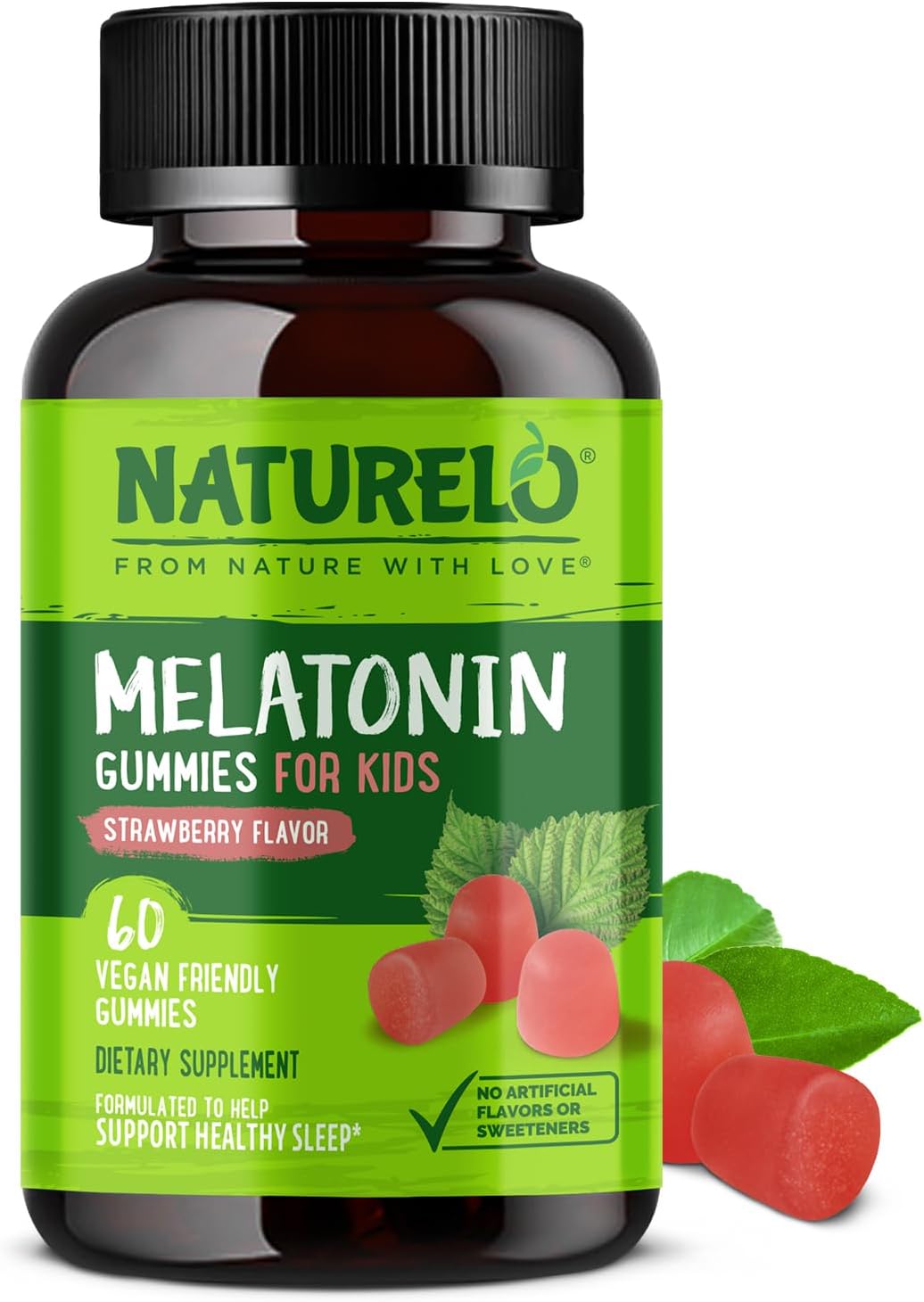 NATURELO Melatonin Gummies for Kids Non-GMO, Gluten-Free, Soy Free - Strawberry Flavor - Gentle Sleep Supplement - 60 Vegetarian Gummies