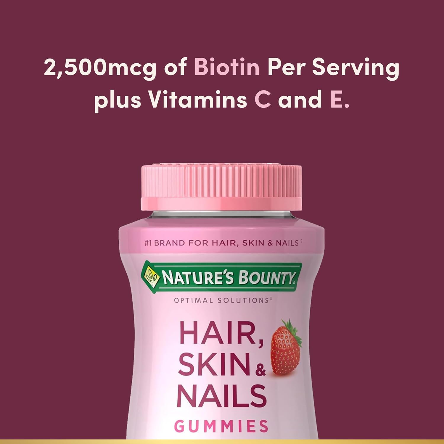Nature's Bounty Optimal Solutions Hair, Skin & Nails Vitamin Gummies with Biotin, 2500 mcg, Strawberry, 80 Count, 40 Total Servings - Image 3