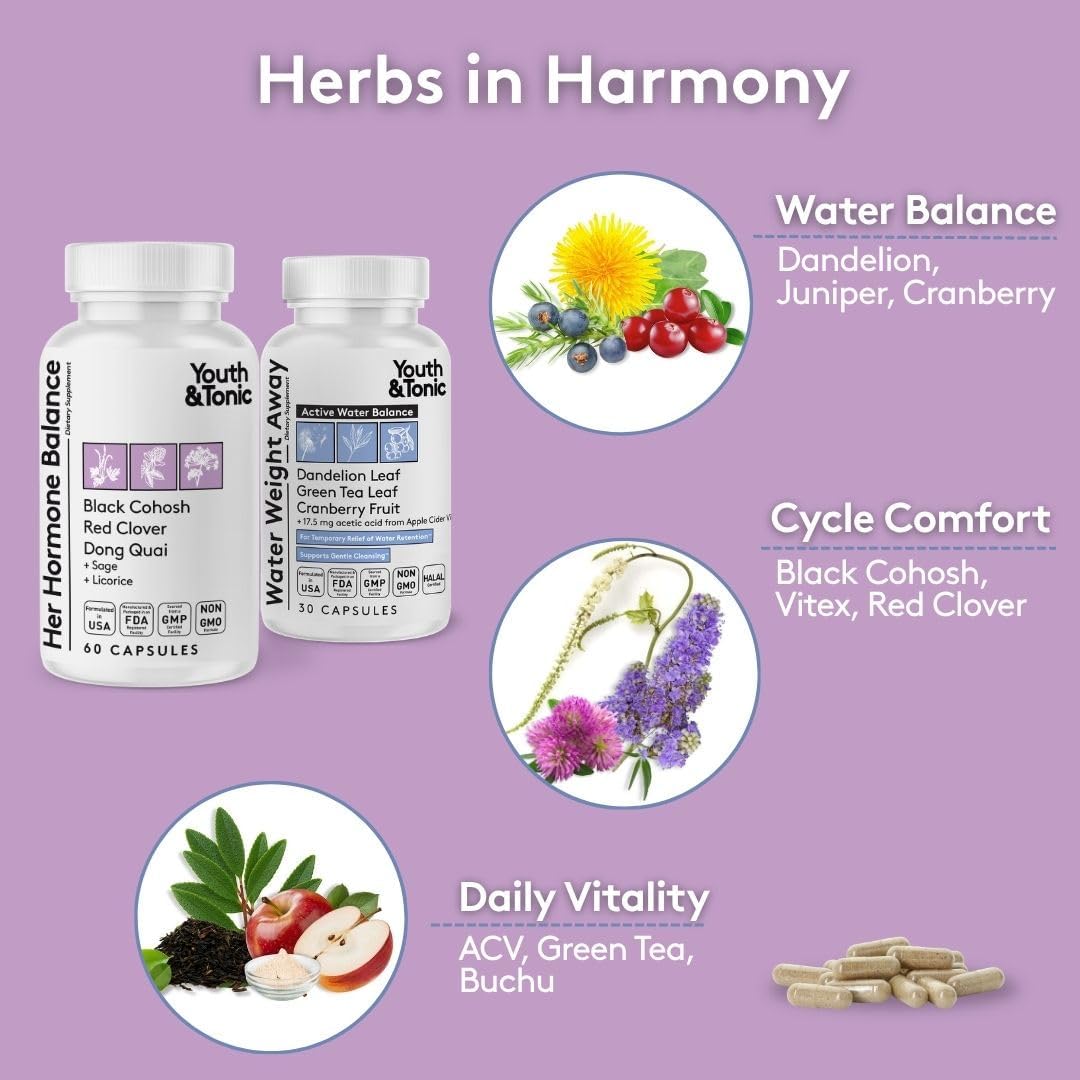 Youth & Tonic PMS & Menopause Bloating Relief Duo – Support for Puffiness, Hormonal Balance & Fluid Retention – Her Hormone Balance + Water Weight Away Natural Herbs for Women, 90 Capsules - Image 5