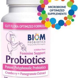 Biom Complete Feminine Balance Women's Daily Probiotics + Prebiotics with Organic Cranberry & Pomegranate with Lactobacillus crispatus, Gluten &, Dairy-Free. 30 Servings