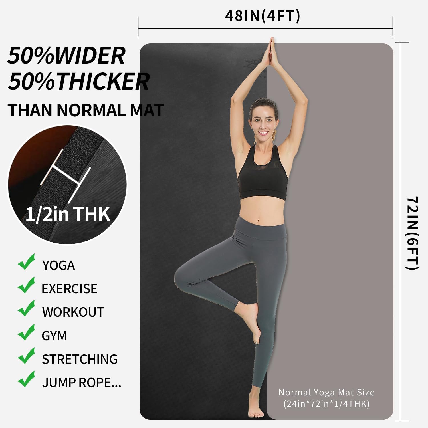 Hatha Yoga Large TPE Yoga Mat 6'x4'x1/2" Extra Thick Non-Slip Exercise Mat - for Yoga Pilates & Home Gym Workouts - Image 2