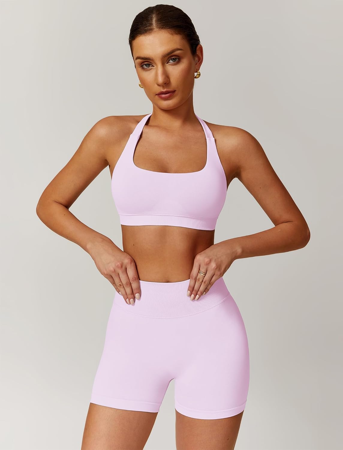 ABOCIW Workout Sets for Women 2 Piece seamless Halter Sports Bra Scrunch Butt Impact Shorts Gym Yoga Outfits - Image 2