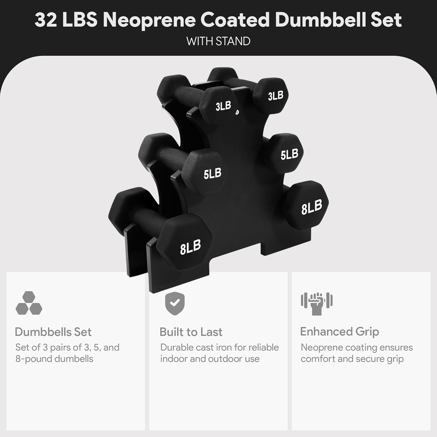 BalanceFrom Neoprene Coated Iron Dumbbell Hex Weights Set with Stand – Color-Coded or Black Options with Non-Slip Grip for Strength Training, Resistance Workouts, and Home Gym Fitness - Image 3