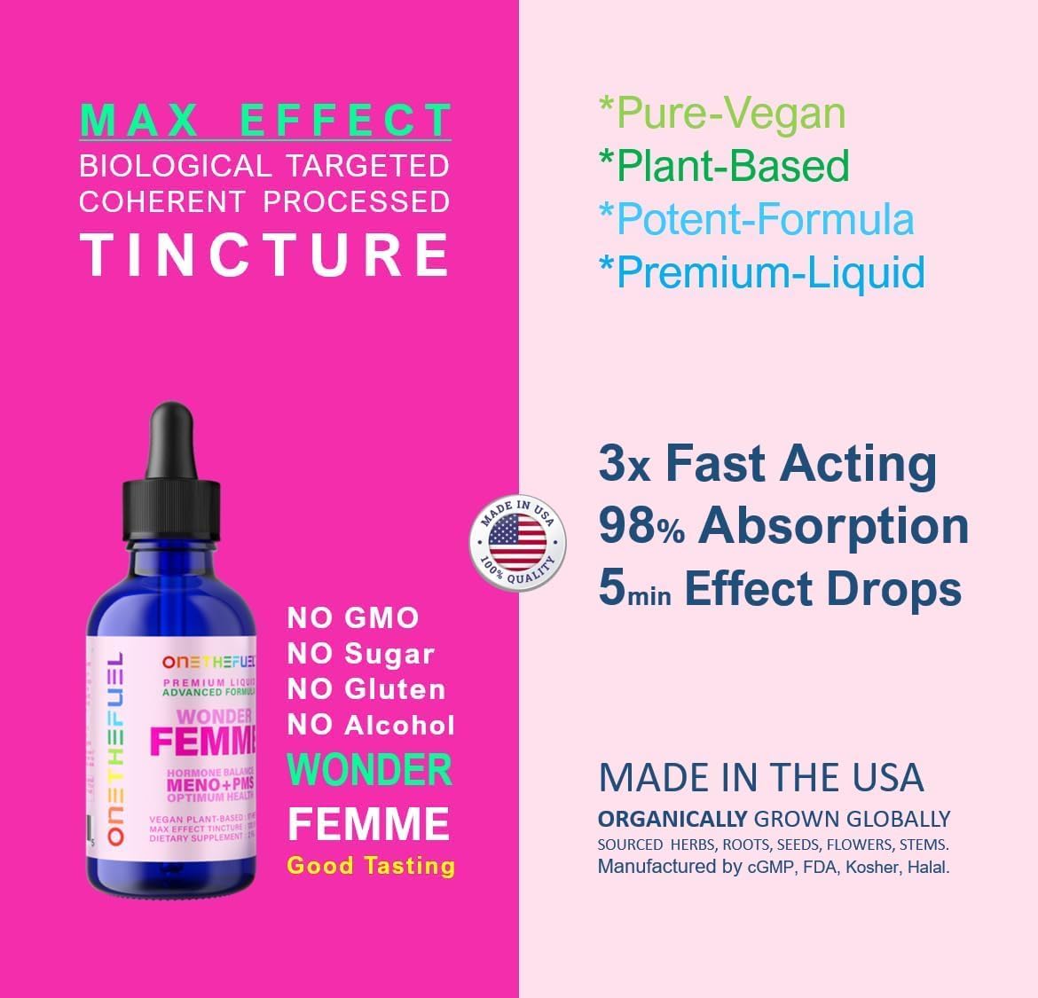 Wonder Femme Plant-Based Hormone Balance Menopause Hot Flashes Relief Support 100% Natural 17 Herbal Women Estrogen Health Supplement Dong Quai Vitex + Fast Absorb Tincture 2 oz. Liquid - Image 5