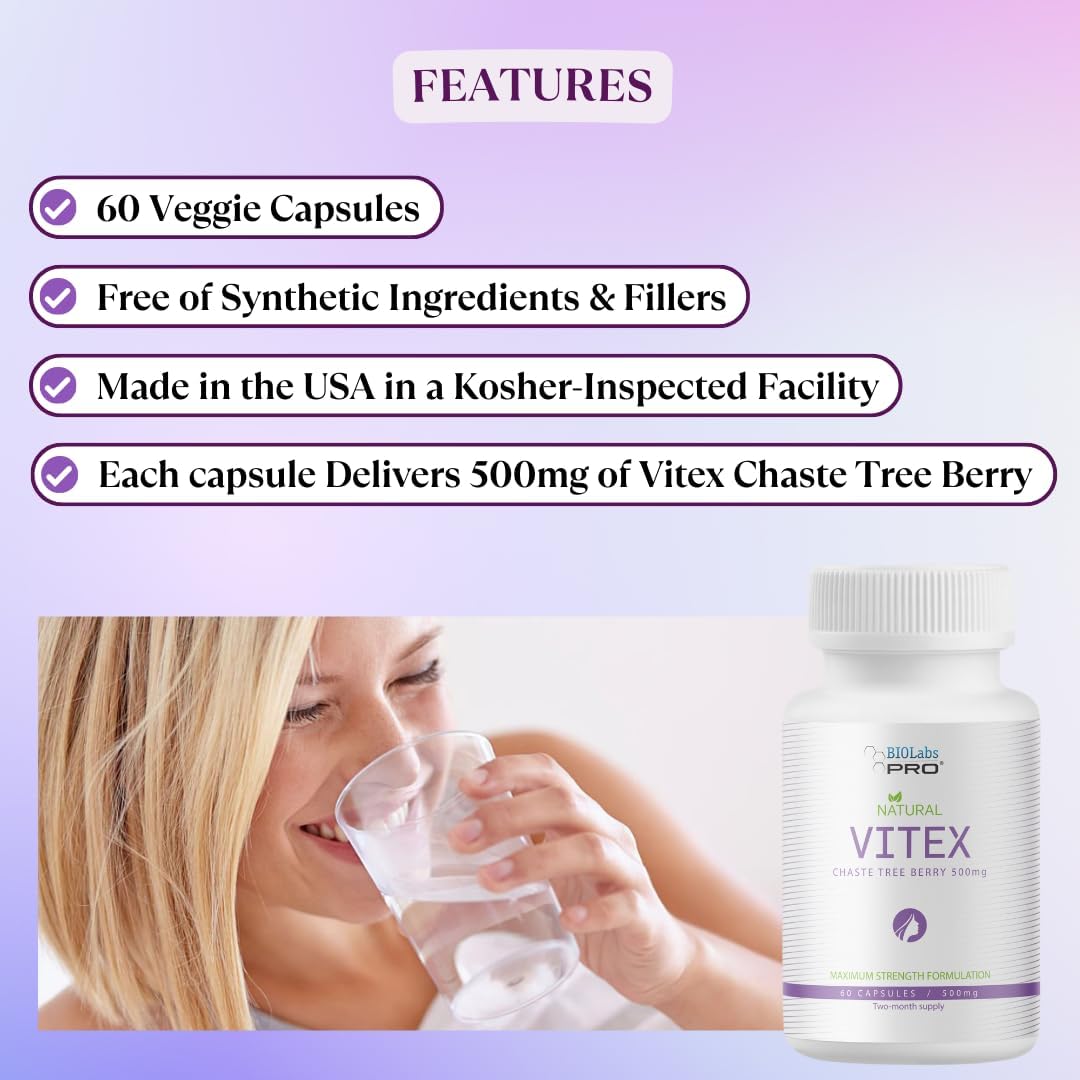 BIOLABS PRO Natural Vitex Chasteberry Supplement for Women - Pure Chaste Tree Berry Extract 500mg, Maximum Strength Formulation, Vegan Capsules, Supports Hormonal Balance - (60 Caps - 2-Month Supply) - Image 3