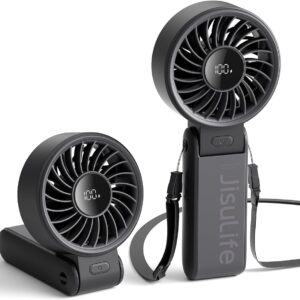JISULIFE Handheld Fan Life7 – Ultimate Flexibility: Wide & Strong Airflow, 19.5H Max Cooling, 5000mAh Rechargeable, 5-Speed, LED Display, 3 IN 1 Portable Fan for Travel, Concerts, Sports Events(Black)
