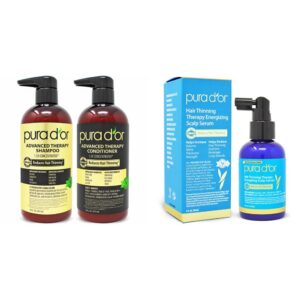 PURA D'OR Anti-Thinning Advanced Therapy Biotin Shampoo & Conditioner Hair Care Set, Clinically Proven, DHT Blocker Hair Thickening Products For Women & Men, Natural Daily Routine Shampoo, 16oz x 2 and PURA D'OR Scalp Therapy Energizing Scalp Serum Revitalizer (4oz) with Argan Oil, Biotin, Caffeine, Stem Cell, Catalase & DHT Blockers, All Hair Types, Men & Women