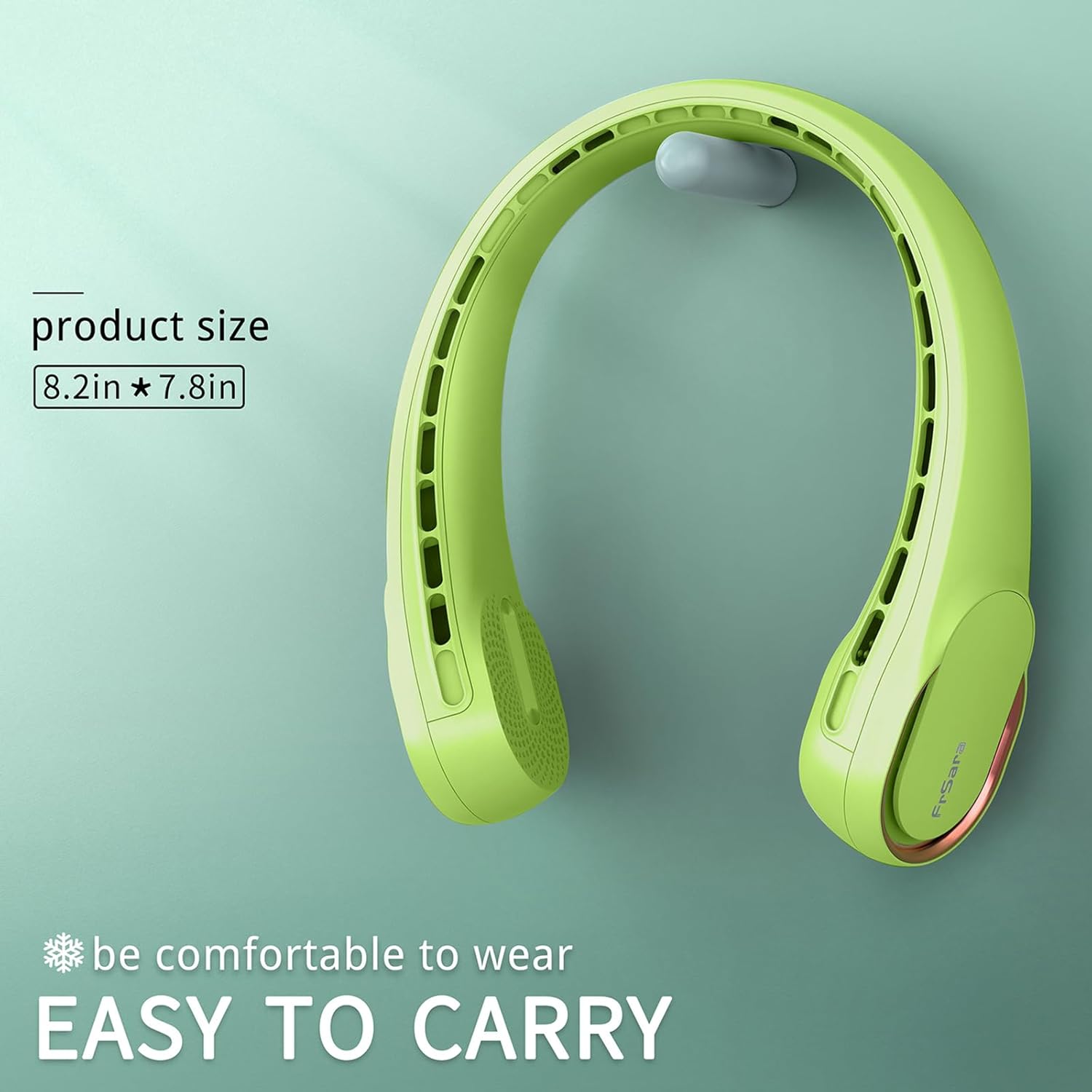 FrSara Bladeless Portable Neck Fan, 5200mAh, 3-Speed, 360° Surround Wind, Ultra-Quiet, USB Rechargeable, Wearable Portable Fan, Avocado Green - Image 6