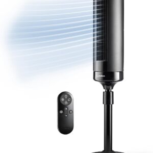 Lasko Elevation Adjustable Tower Fan 42”-54”, Pedestal Fan, 31 ft/s Airflow, Quiet 28 dB, 90° Oscillation, 12h Timer, Remote, Black, EST100