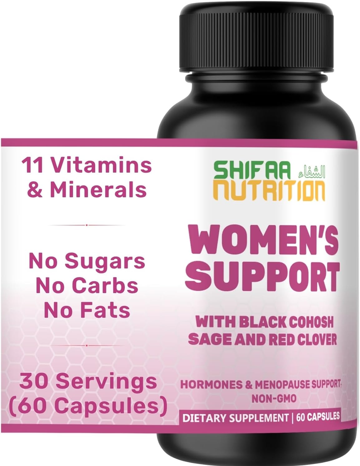 SHIFAA NUTRITION Hormones Balance & Menopause Supplements for Women, Menopause Relief - Support for Hot Flashes, Mood Swings w/Black Cohosh & Red Clover Halal Vitamins, 30 Servings