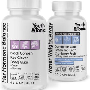 Youth & Tonic PMS & Menopause Bloating Relief Duo – Support for Puffiness, Hormonal Balance & Fluid Retention – Her Hormone Balance + Water Weight Away Natural Herbs for Women, 90 Capsules