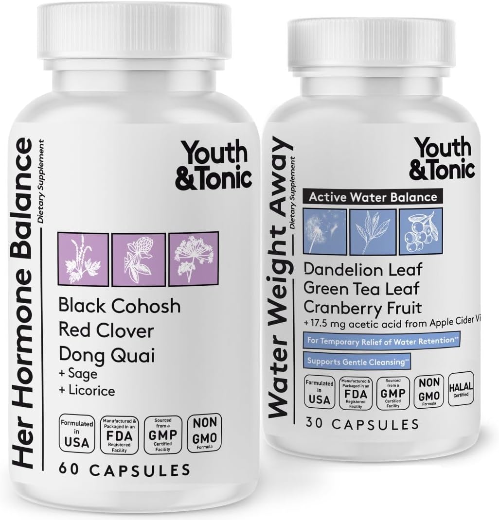 Youth & Tonic PMS & Menopause Bloating Relief Duo – Support for Puffiness, Hormonal Balance & Fluid Retention – Her Hormone Balance + Water Weight Away Natural Herbs for Women, 90 Capsules
