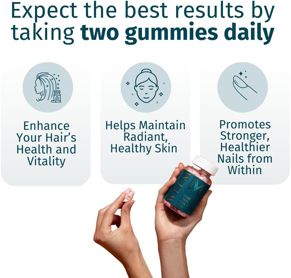 WEEM Hair Skin and Nails Gummies - Supports Healthy Hair - Vegan biotin Vitamins for Women & Men Supports Faster Hair Growth, Stronger Nails, Healthy Skin, Extra Strength (3) - Image 2