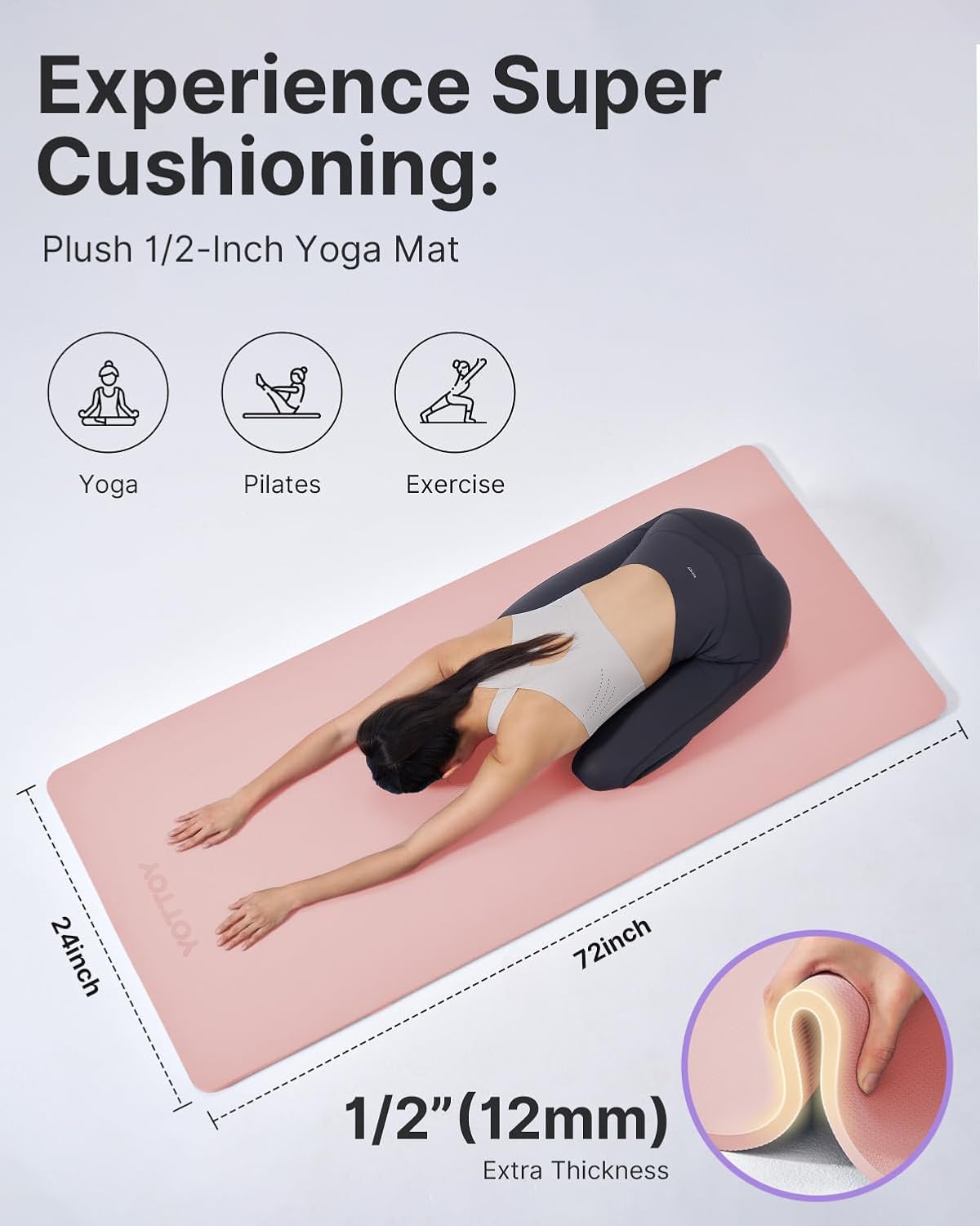 YOTTOY Yoga Mat,Extra Thick Yoga Mat (1/2inch),Professional TPE Exercise Mat,Non-Slip Workout Mat for Yoga, Pilates, Fitness, Barefoot Workouts, Home Gym Studio with Strap - Image 3