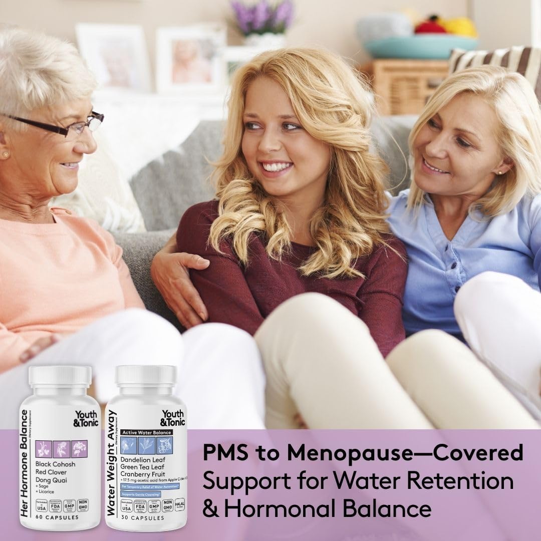 Youth & Tonic PMS & Menopause Bloating Relief Duo – Support for Puffiness, Hormonal Balance & Fluid Retention – Her Hormone Balance + Water Weight Away Natural Herbs for Women, 90 Capsules - Image 3