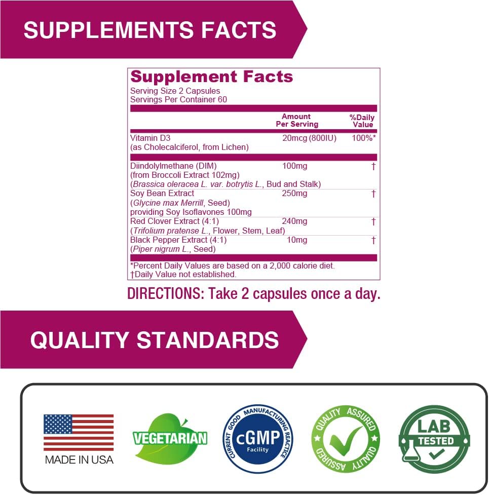 LOVITA Menopause Supplements for Women, DIM Complex with Soy Isoflavones, Red Clover, Vitamin D3 & Black Pepper for Menopause & Hormone Balance Support, 120 Vegetarian Capsules - Image 6