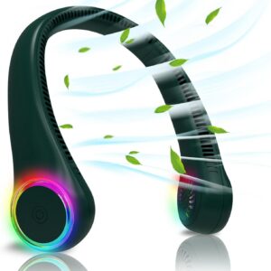 GULAKI Bladeless Portable Neck Fan - Rechargeable Hands Free USB Personal Fan Battery Operated with LED lights for Home Office Travel Indoor Outdoor (Dark Green)