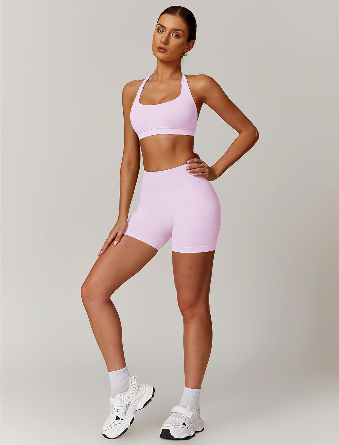 ABOCIW Workout Sets for Women 2 Piece seamless Halter Sports Bra Scrunch Butt Impact Shorts Gym Yoga Outfits - Image 4