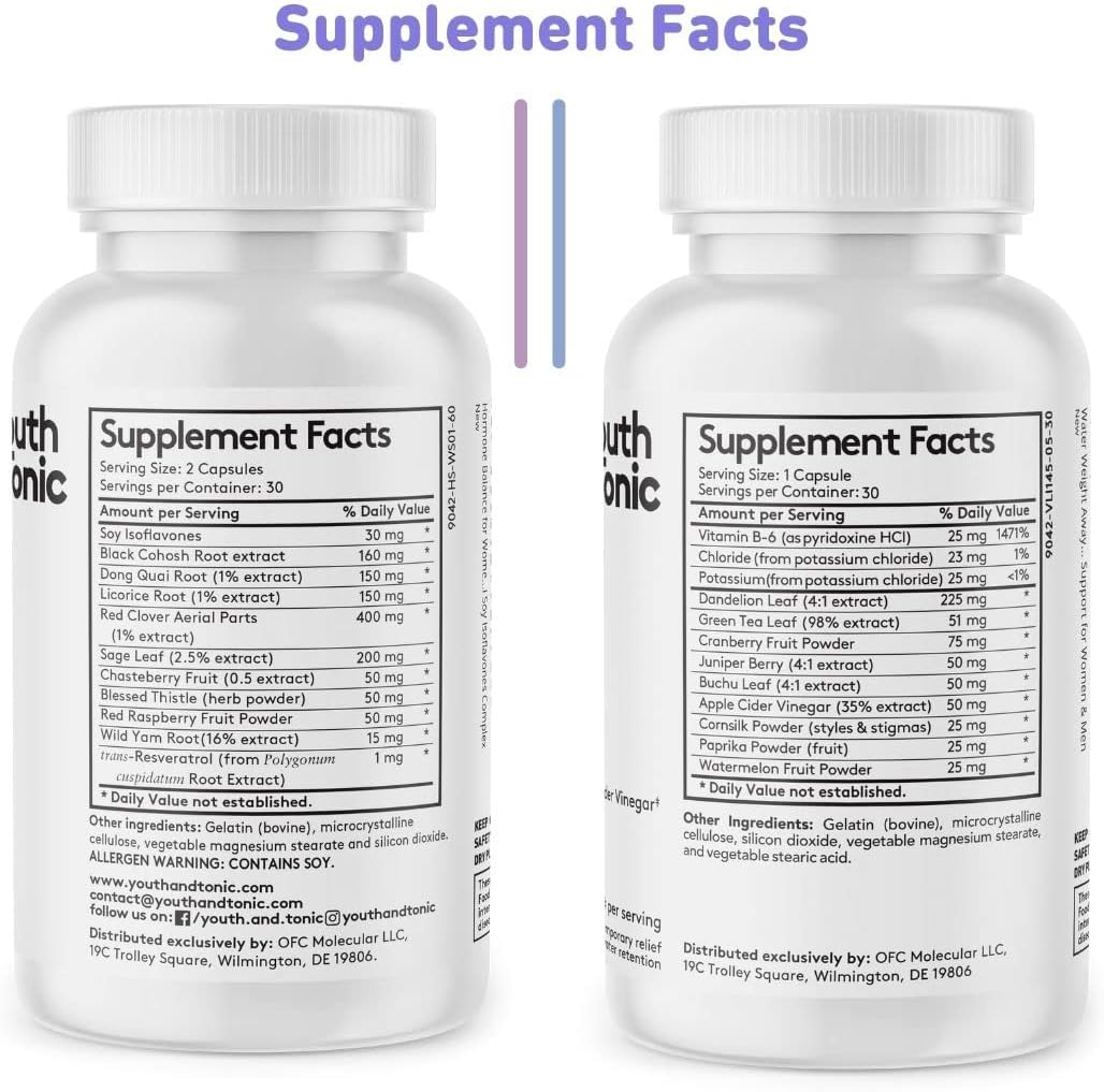 Youth & Tonic PMS & Menopause Bloating Relief Duo – Support for Puffiness, Hormonal Balance & Fluid Retention – Her Hormone Balance + Water Weight Away Natural Herbs for Women, 90 Capsules - Image 9