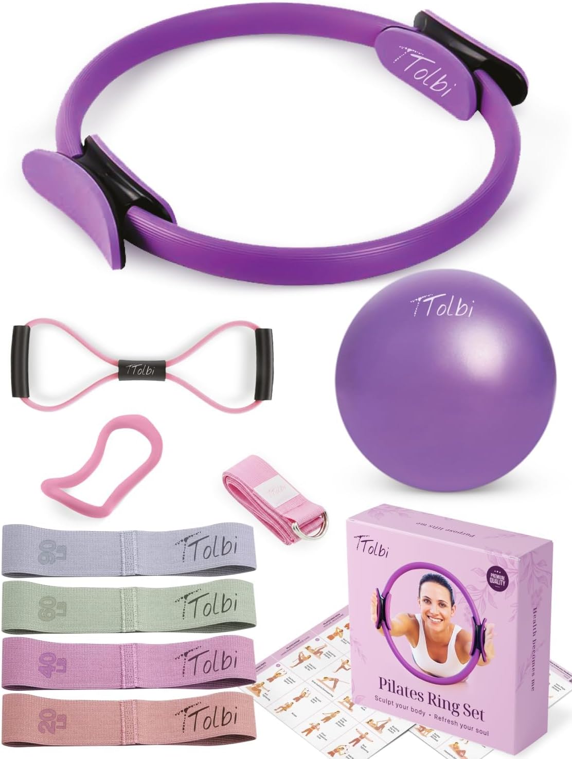 TTolbi Pilates Equipment Kit - Pilates Ring and Ball Set, Home Pilates Workout Kit for Women with Essential Accessories for At Home Workouts to Tone, Strengthen, Balance & Improve Flexibility