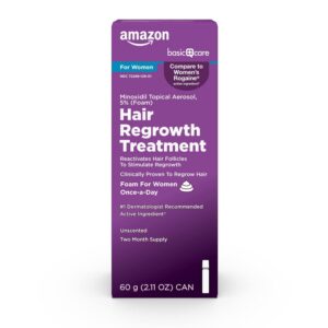 Amazon Basic Care Hair Regrowth Treatment For Women, Minoxidil 5% Topical Aerosol Foam, Unscented, Clinically Proven, 2-Month Supply, 2.11 ounce