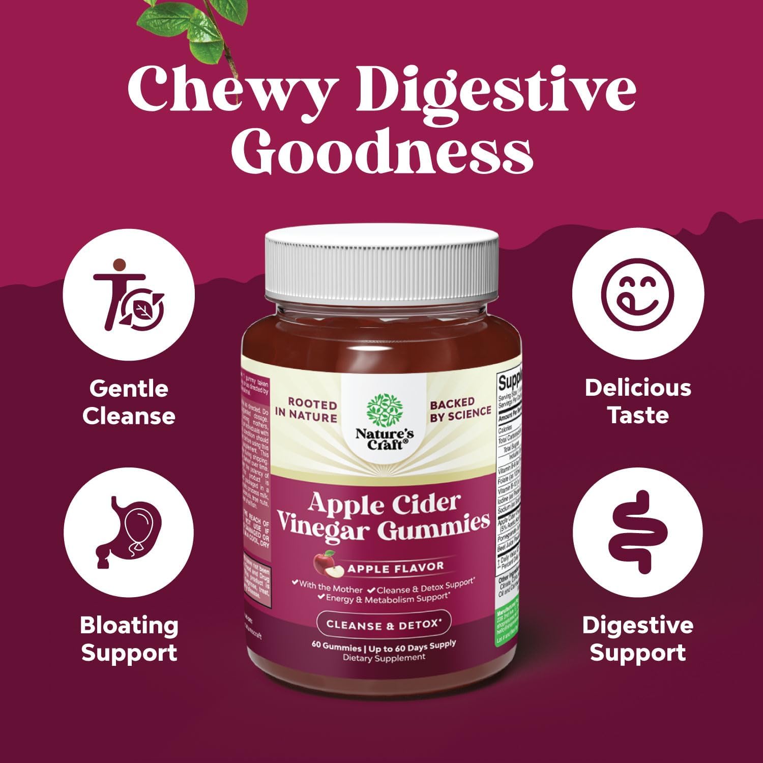 Apple Cider Vinegar Gummies with Mother - Cleanse & Detox ACV Gummies for Weight Loss, Gut Health, Bloating, Metabolism & Energy Support - ACV with Mother with B12 Vitamin, B6 & Pomegranate - 60 Ct - Image 4