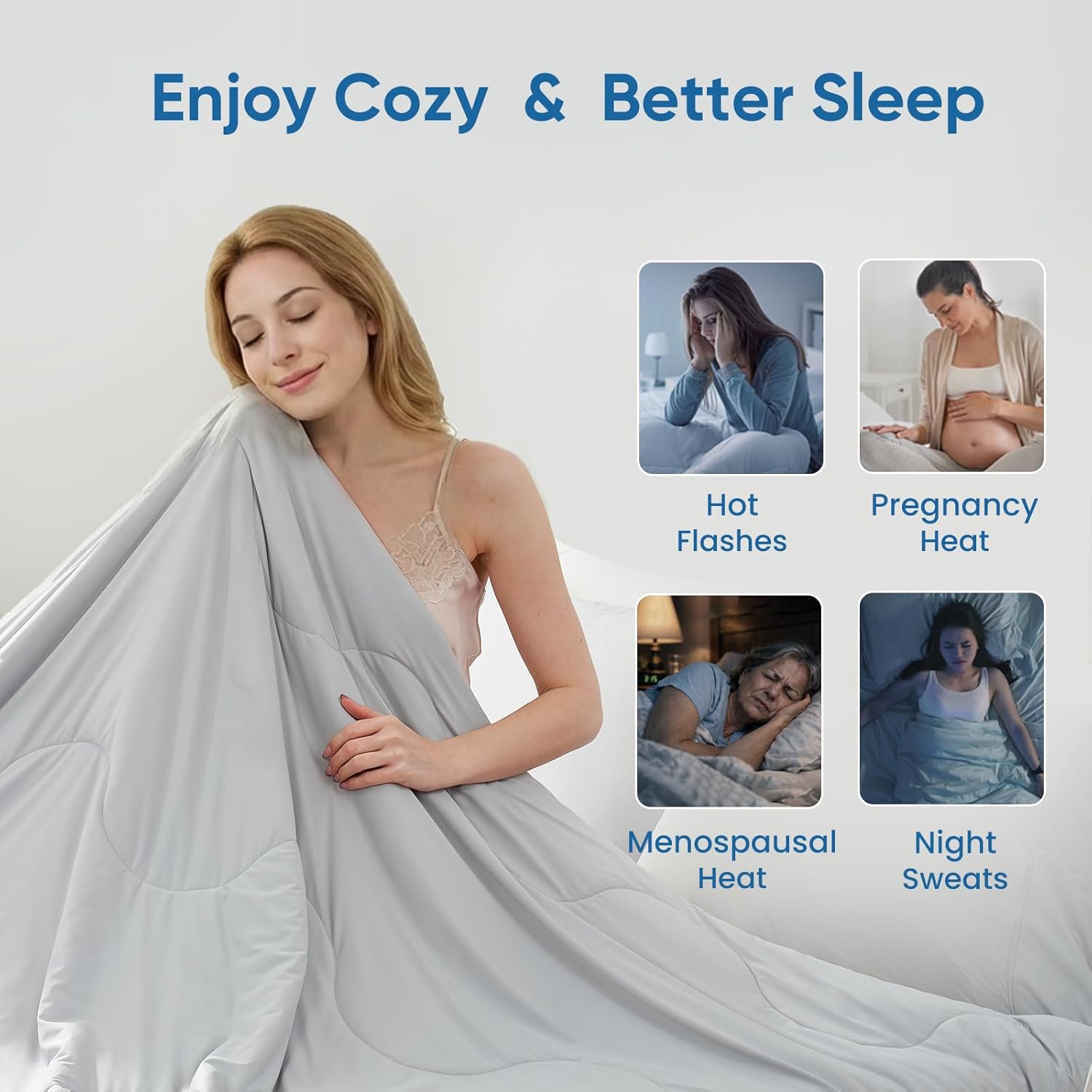 Snuggle Sac Natural Viscose Cooling Comforter Queen Size, Lightweight Breathable Silky Cooling Bedding with Q-Max>0.45 for Bedroom, Home Decor, Hot Sleepers & Night Sweats, Cool Gray 90"x90" - Image 4