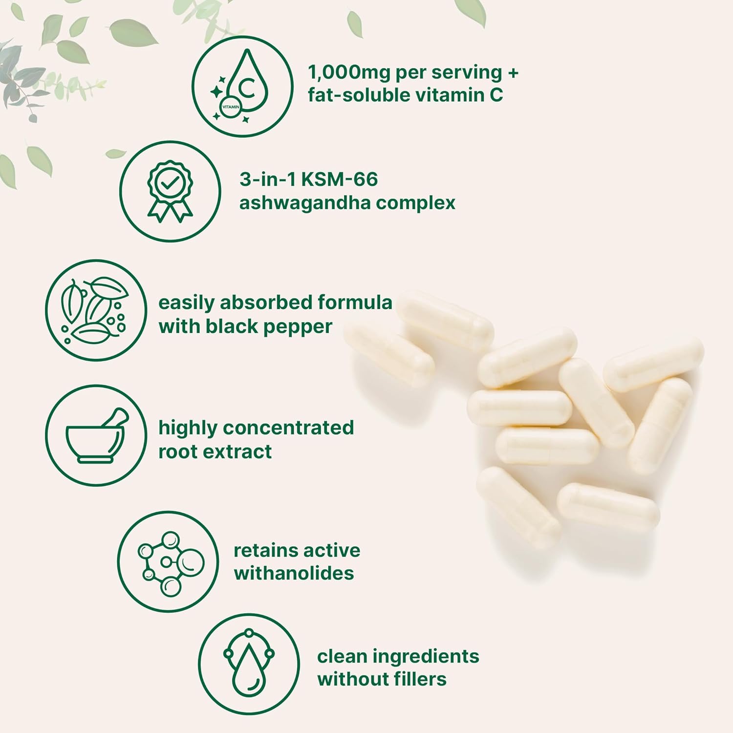 KSM-66 Ashwagandha 1,000mg Per Serving | 120 Veggie Capsules with Black Pepper for Better Absorption & Fat Soluble Vitamin C | Potent Root Extract | Stress, Relaxation, & Sleep Support | Filler Free - Image 3