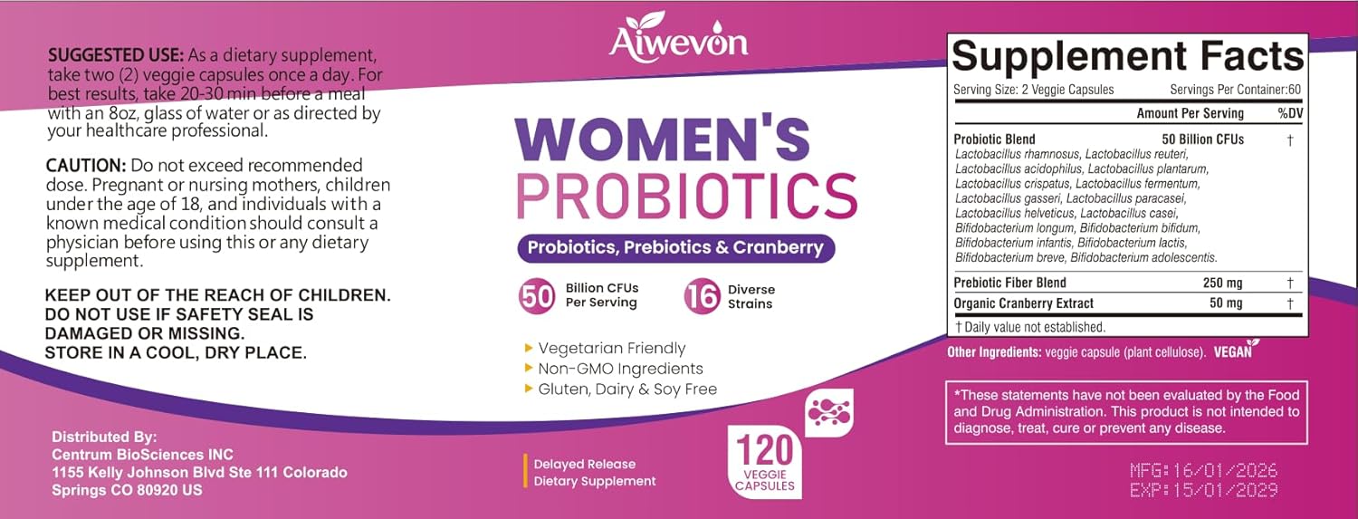 Women Probiotics 50 Billion CFU: Probiotics for Women with Prebiotics & Cranberry, 16 Strain Probiotic Supplement for Digestive Gut Health, Vaginal & Urinary Tract Support Vegan Probiotic 120 Capsules - Image 8