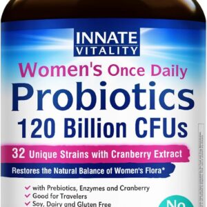 Innate Vitality Women's Probiotics, 120 Billion CFU, 32 Tested Strains, Probiotics for Women, Yeast Control, Vaginal pH Support, Prebiotics, Digestive Enzymes, Cranberry, Once Daily 30 Veggie Capsules
