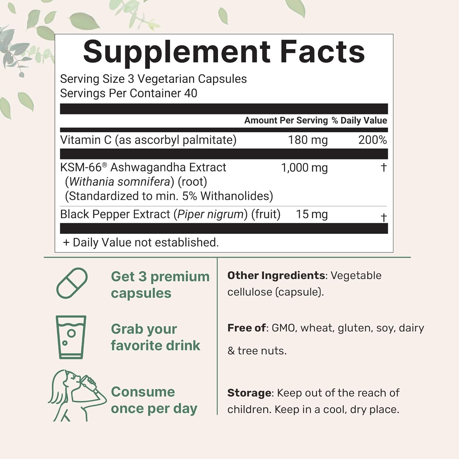 KSM-66 Ashwagandha 1,000mg Per Serving | 120 Veggie Capsules with Black Pepper for Better Absorption & Fat Soluble Vitamin C | Potent Root Extract | Stress, Relaxation, & Sleep Support | Filler Free - Image 2