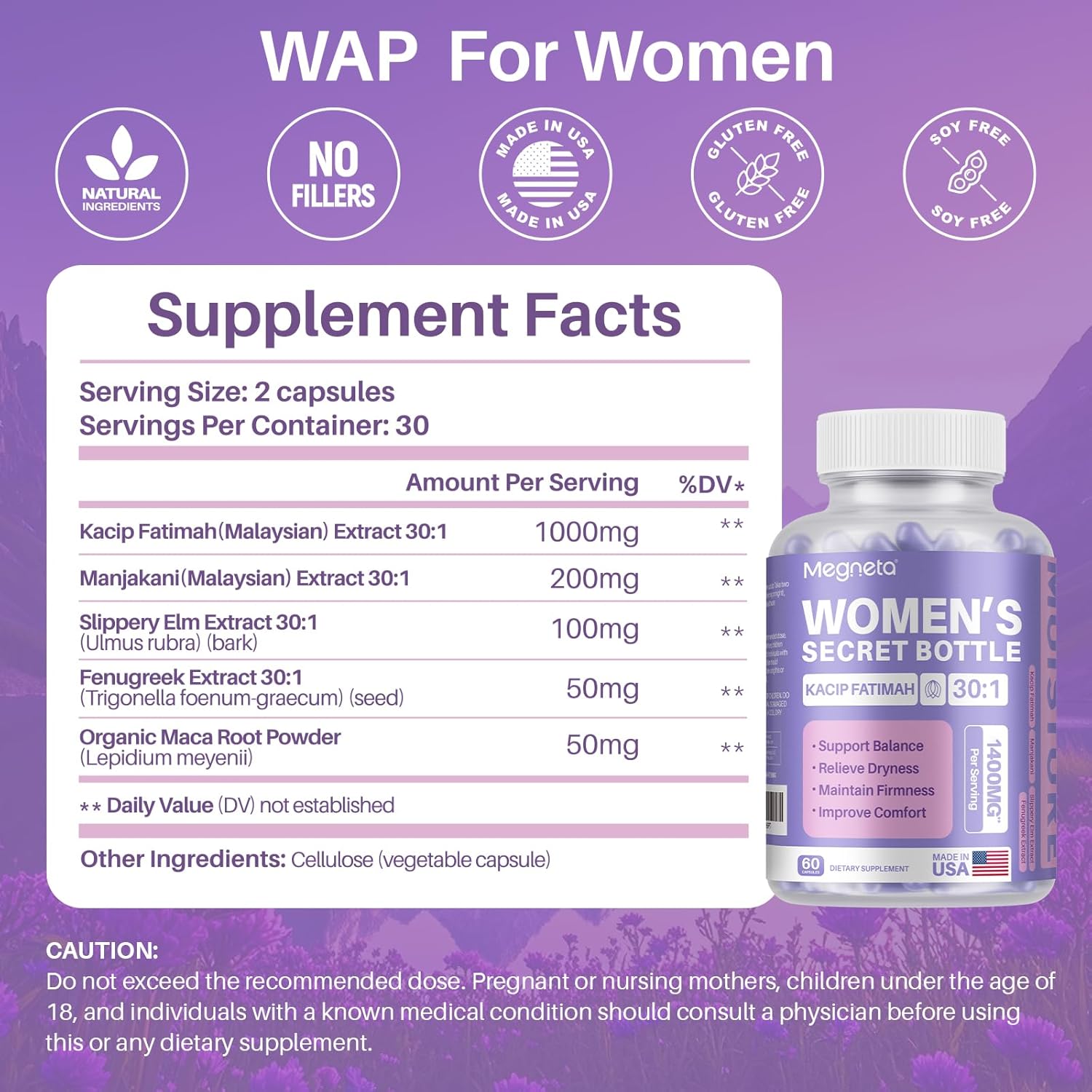 Advanced Feminine Wellness Supplement – Herbal Blend with Kacip Fatimah, Fenugreek, Slippery Elm Bark, Manjakani – 60 Capsules - Image 2