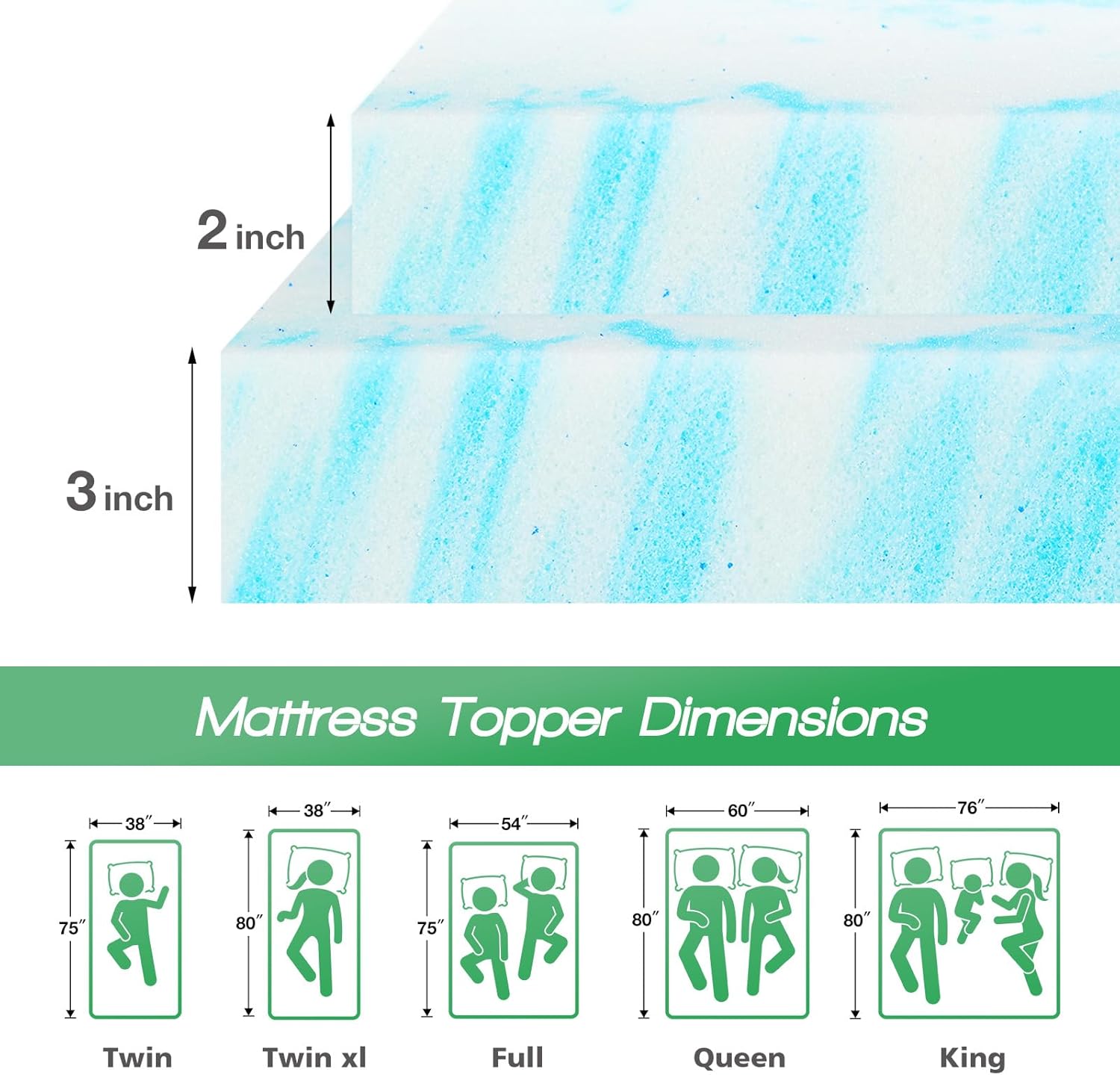 Sweetcrispy Mattress Topper Queen, 2 Inch Thick Memory Foam Gel Infused Cooling Toppers Pad for Queen Size Bed, Sleeper Sofa, RV, Camper, CertiPUR US Certified, Ventilated and Breathable, Blue - Image 2