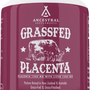 Ancestral Supplements Grass Fed Placenta Supplement with Liver, Contains Postpartum Vitamins for Women Breastfeeding, Promotes Menopause Relief, Stem Cells Support Skin Elasticity, 180 Capsules
