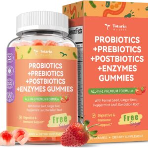 Totaria Sugar Free 5-in-1 Probiotic Prebiotic Postbiotic Gummy, 36 Strains Probiotics for Women Men with Digestive Enzymes, Peppermint, Complete Immune, Gut & Digestive Support, Vegan, 60 Counts