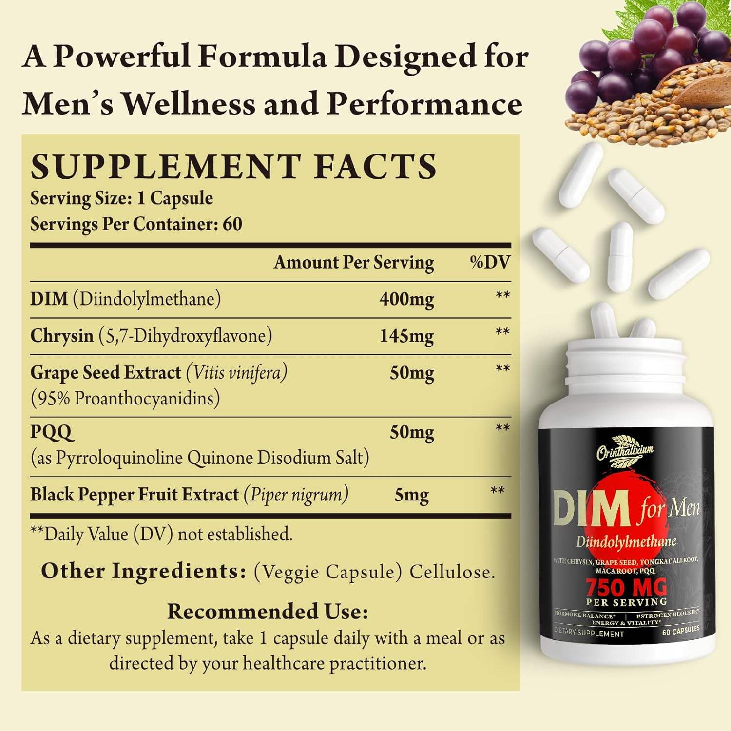 Orinthalixium DIM for Men 750MG – Hormone Balance, Estrogen Support for Men, DIM Supplement, Detox, Vitality & Fitness Performance–Chrysin & Black Pepper Extract, 60 Capsules (1 Bottle) - Image 2