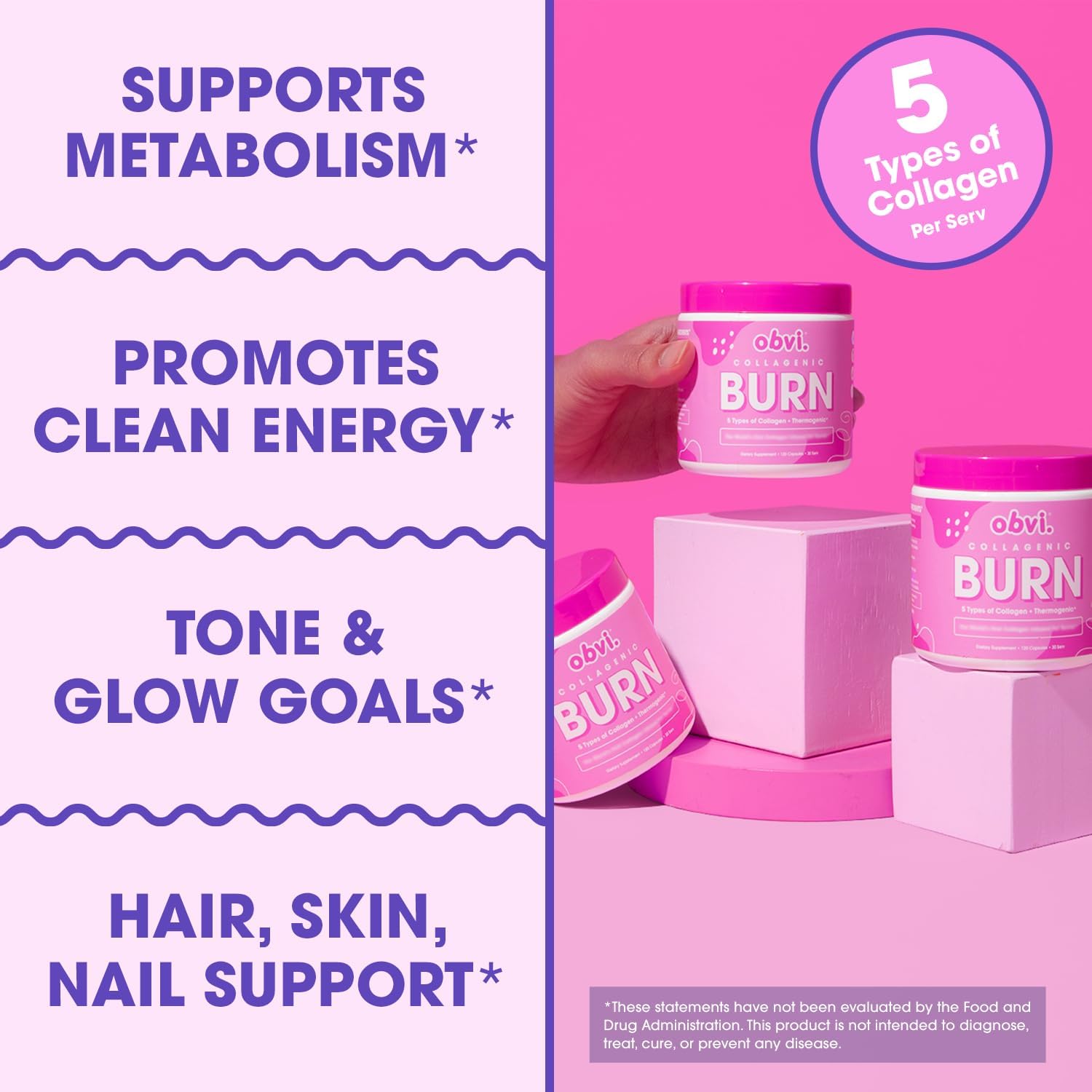 Obvi Collagenic Burn | Hydrolyzed Collagen Peptides + Green Tea Extract Supplement | Supports Metabolism & Daily Wellness | with Biotin, B12 & BioPerine | 30 Servings | 120 Capsules - Image 3