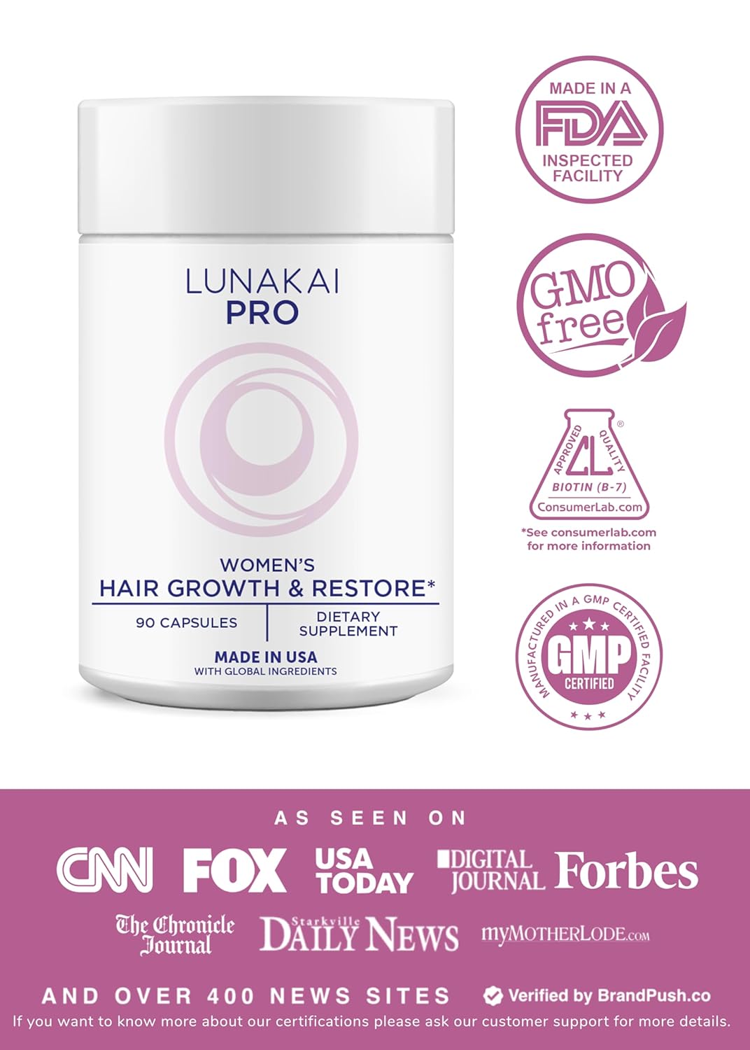 Lunakai USA Made Hair Growth Supplement for Women - Advanced 20 Nutrient with Marine Collagen, Saw Palmetto, Biotin & Keratin - Daily Hair Vitamins for Thicker Strands - 90 Capsules - Image 2