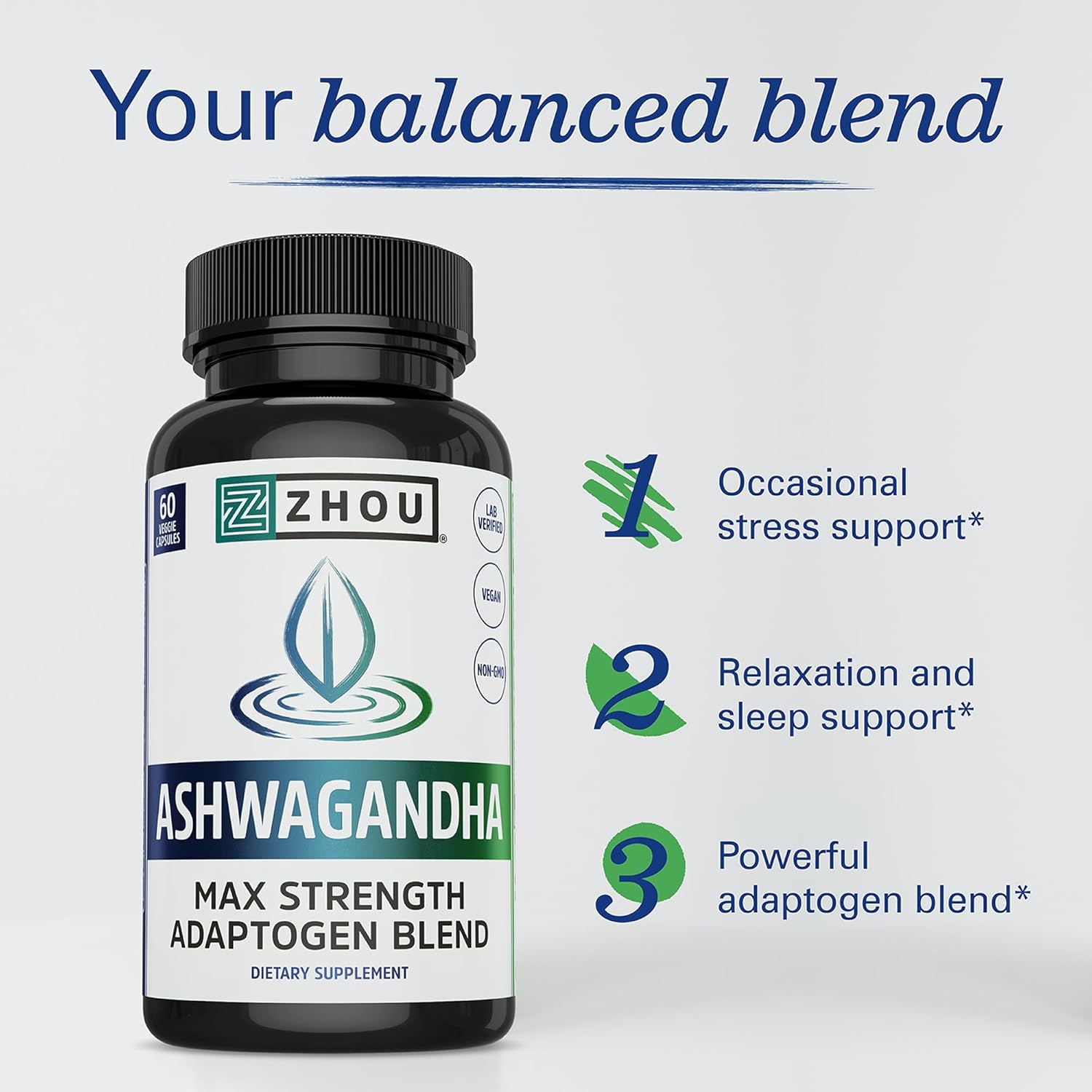 Zhou Nutrition Ashwagandha Capsules, Mood Enhancer, Energy Boost, Blend of Rhodiola, Holy Basil, Cordyceps, Reishi & Ashwagandha Supplement, 30 Servings, 60 Capsules - Image 3
