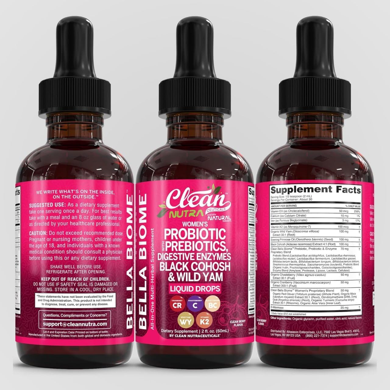Liquid Probiotics for Women Drops with Chasteberry, Black Cohosh, Prebiotics, Digestive Enzymes, Evening Primrose Oil, Wild Yam, Cranberry Dmannose and Iron Vitamin D3 K2 Clean Nutra Bella Biotics - Image 8