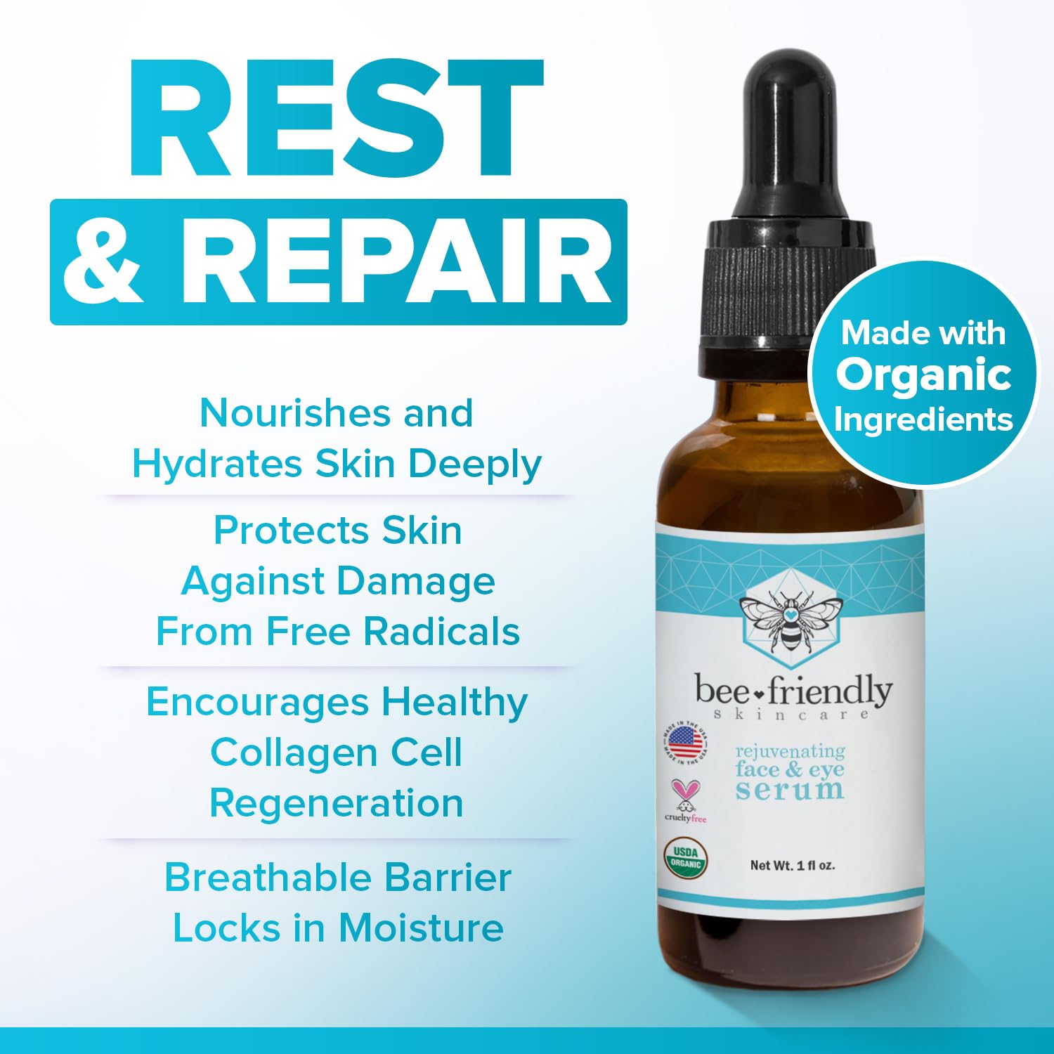 Organic Face & Eye Serum By BeeFriendly, Deep Hydration, Nourishes, Tightens, and Firms Facial Skin, and Lifts Facial Skin USDA Certified & All Natural Serum for Face, Women or Men, 1 oz - Image 5