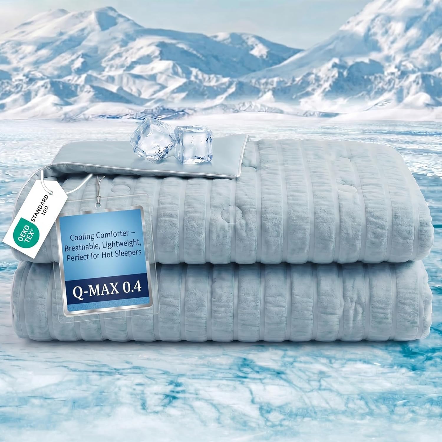 Cooling Comforter King Size 104"x90", Seersucker Reversible Lightweight Summer Comforter, Q-Max>0.4 Breathable Cooling Blanket for Hot Sleepers Night Sweats & Menopause, All Season Bedding, Blue