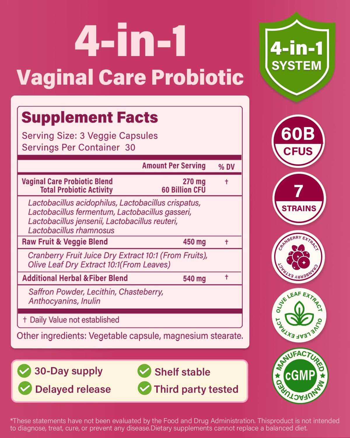 Vaginal Probiotics for Women pH Balance with Prebiotics - 60 Billion CFU for Odor, Yeast & Digestion - Cranberry for Urinary Tract & Hormonal Balance - Vegan & Non-GMO | 90 Capsules - Image 2