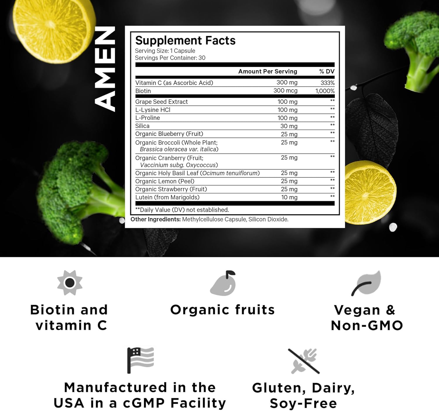 Amen Plant-Based Vegan Collagen Builder Supplement - Organic Whole Foods, Lutein, Vitamin C, Biotin, Lysine, Proline Collagen Boosters - Organic Cranberry, Lemon, Strawberry - Once A Day - 30 Capsules - Image 2