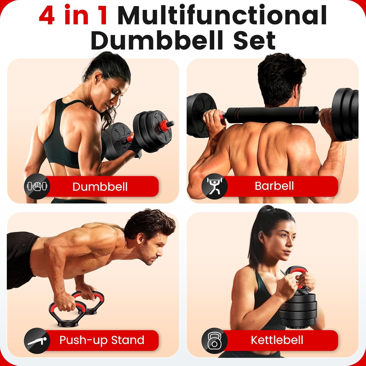 Adjustable Dumbbell Set, 20/33/45/70/90lbs Free Weight Set with Connector, 4 in1 Dumbbells Set Used as Barbell, Kettlebells, Push up Stand, Weight Set for Home Gym Suitable Men/Women - Image 2
